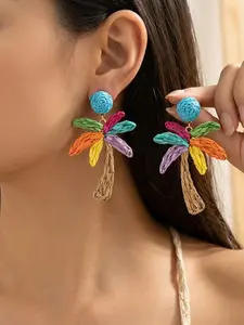 Handmade Natural Raffia Coconut Tree Earrings, Hypoallergenic Earrings, Bohemian Style, Lightweight Allergy-Free, Perfect for Summer Beach Music Festivals