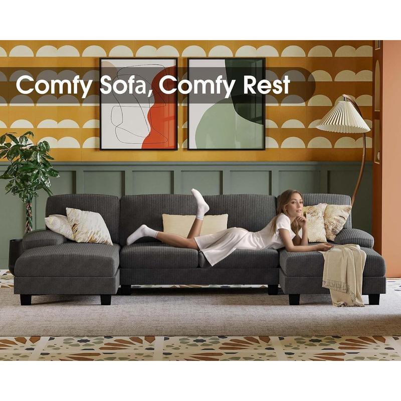 U-Shaped Sectional Sofa with Double Chaise, 4-Seat Couch with Corduroy Upholstery for Living Room or Apartment – Dark Grey