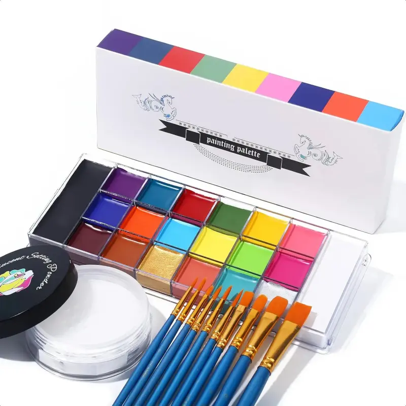 Professional Face and Body Paint Kit - 20-Color Oil-Based Hypoallergenic Palette with Setting Powder, 10 Brushes, Waterproof Beauty Products Gift Multi-Pack for Adults, All Skin Types, Halloween SFX Cosplay (Sports & Outdoor Protective Gear Accessory)