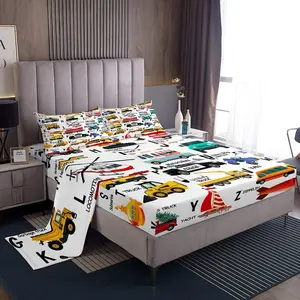 Feelyou Vehicle Print Bedding Set - Breathable Fun Theme Sheets with Excavator, Fire Truck, Police Car, Helicopter, Motorcycle, Ambulance & Alphabet Designs, Multi-Size Kids Bedding