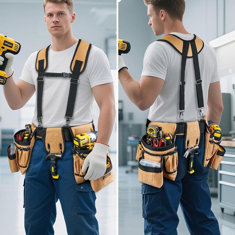 Tool Belt with Suspenders,27-Pockets Heavy Duty Tool Belts for Men with  Tool Pouch,Detachable & Adjustable Work Belt Bag for Electrician,Carpenter,Construction,Utility Toolbelt,Black,Brown