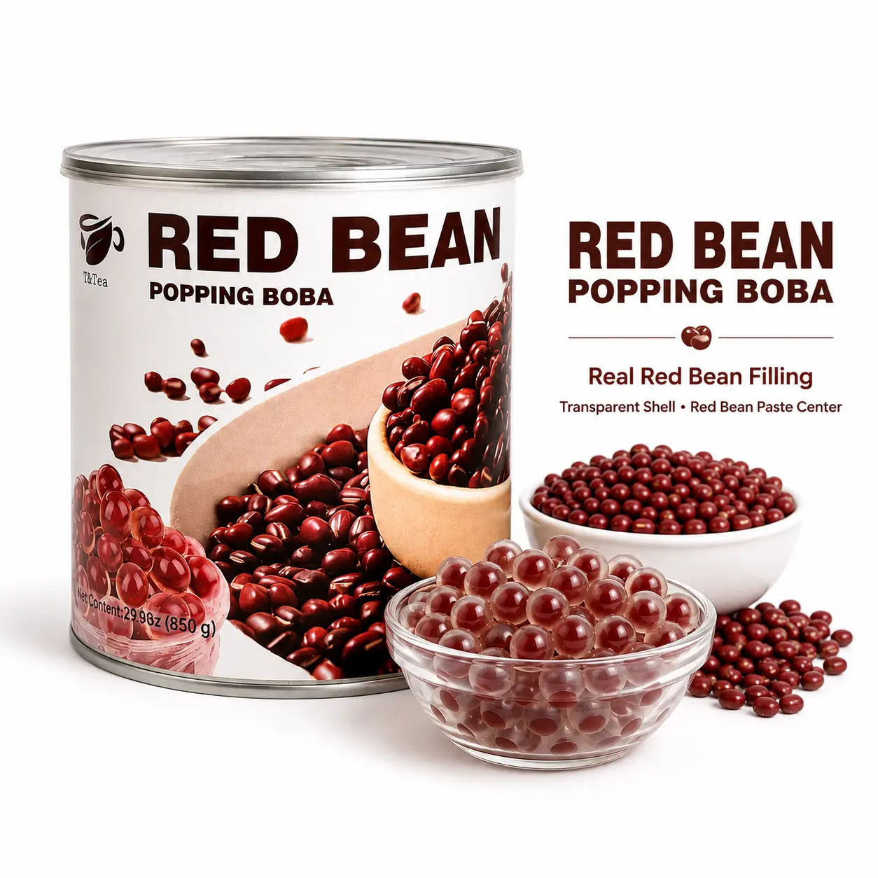 T&Tea Red Bean Filling Popping Boba ,29.98 oz/1.87 LB – Ready-to-Eat Asian Dessert Topping , Layered Chewy Texture for Bubble Tea, Milk Tea, Smoothies, Desserts & Ice Cream