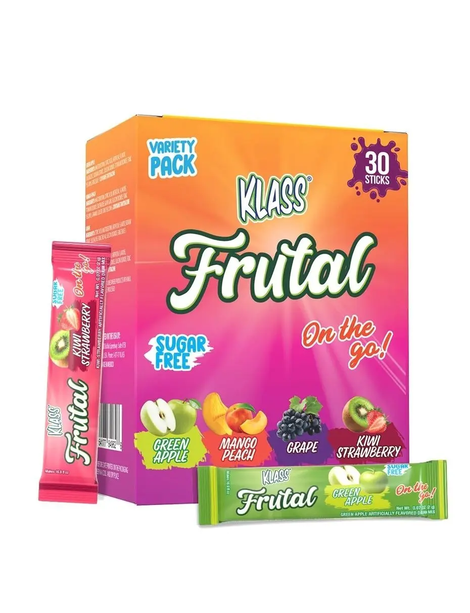 Klass Frutal Powdered Drink Mix Variety Pack: Green Apple, Mango Peach, Grape, and Kiwi Strawberry (30 Stick Packs) - Frutal On-The-Go!