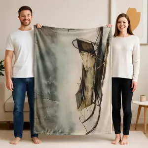 1 piece Winter wooden sled themed flannel blanket - Oversized comfortable fluffy sofa blanket, suitable for beds and sofas, modern geometric pattern design, all-season multi-purpose use, digital printing, 100% polyester material, machine washable