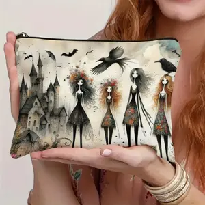 Dark Fairy Tale Witch Theme Canvas Zipper Makeup Bag, Durable Fade-Resistant, Unique Style, Portable Multifunctional Pouch for Travel Commute