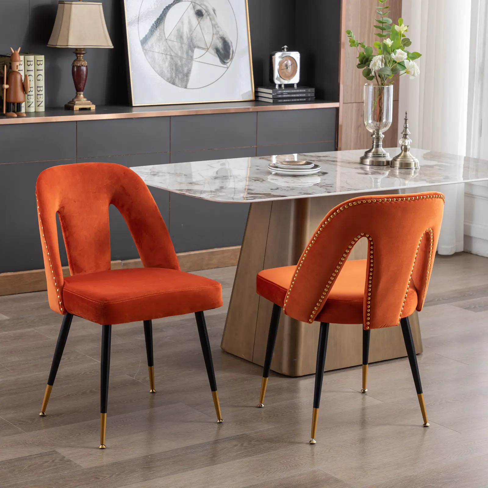 Modern Dining Chairs Set of 2, Velvet Upholstered Side Chairs with Nailheads and Gold Tipped Black Metal Legs