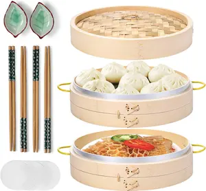 Bamboo Steamer Basket Set 10 inch Steamer for Cooking, with Side Handles Chopsticks Ceramic Sauce Dishes Paper Liners, for Dim Sum Dumplings Buns Seafoods Rice Asian Foods