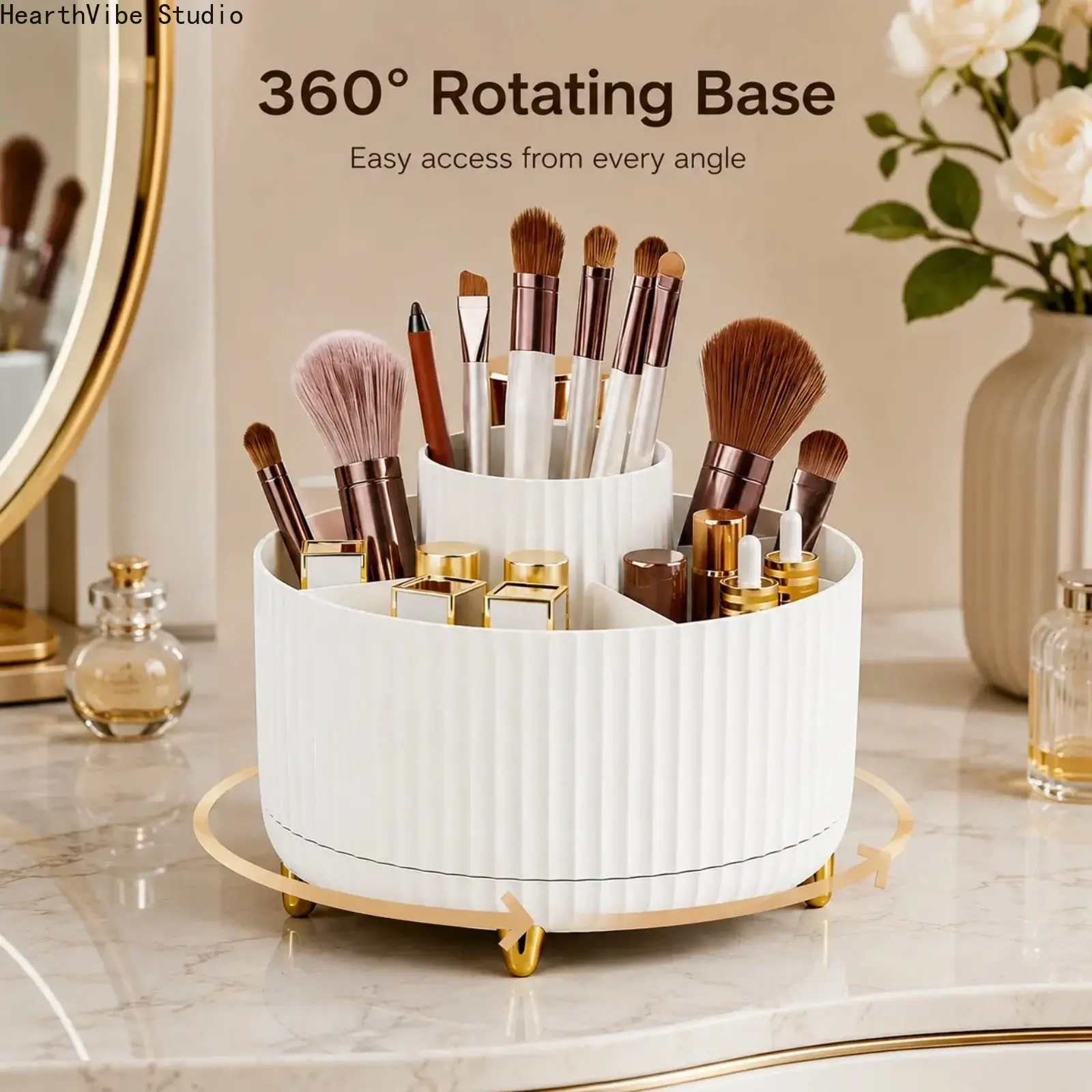 Luxury Ribbed Stripes Beauty Organizer - 360-Rotating Silent Spin Vanity Organizer with Quiet Steel Bearings, 5 Compartments, Stainless Steel Base, Plastic Design, Office/Bathroom Accessory, Gift for Girlfriend (Birthday)