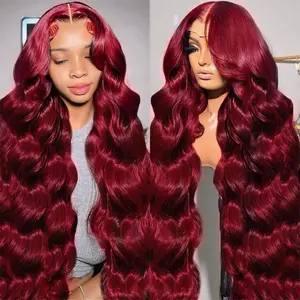 Long 36INCHES 99 Red Color Wig Human Hair Wigs Body Wave Burgundy 13X4  Lace Frontal Wigs 200% Density Pre-Plucked With Baby Hair HD Transparent Lace #99J Colored Lace Front Wig Human Hair Wig For Women