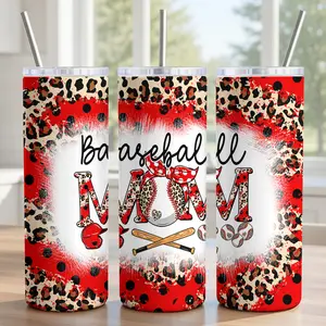 Red Leopard Baseball Mom Tumbler 20oz - 18/8 Food-Grade Stainless Steel Insulated Cup with Sliding Lid, Metal Straw & Brush - Buffalo Plaid & Polka Dot Bow Design, Sports Mama Gift - Vibrant Gameday Wrap - Ships in 2 Days
