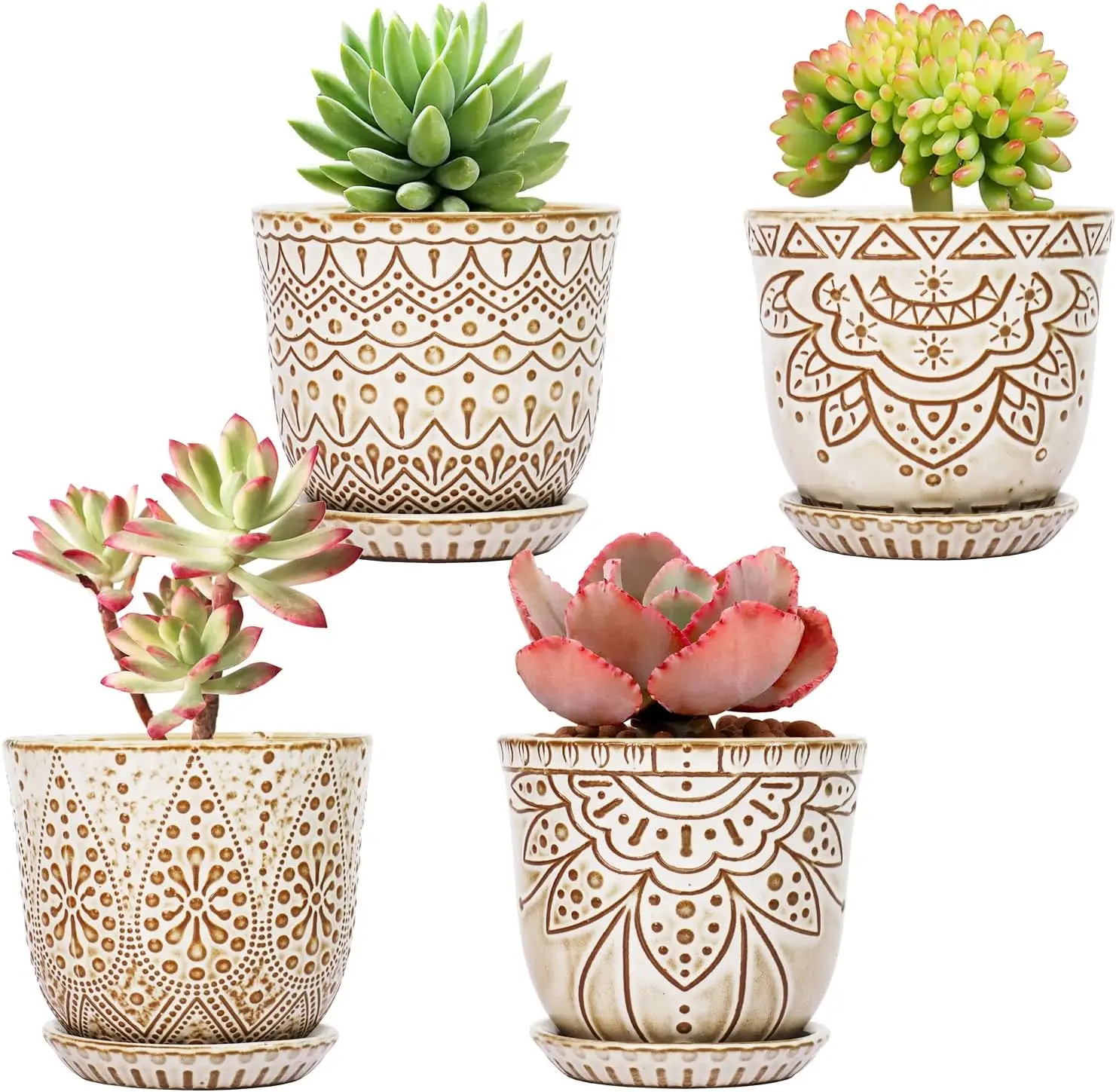 4 Pcs Ceramic Planter Pot with Drainage Holes and Saucers for Plants- Creamy White 4 Inch Decorative 4 Pcs Ceramic Planter Pot with Drainage Holes and Saucers for Plants- Creamy White 4 Inch Decorative