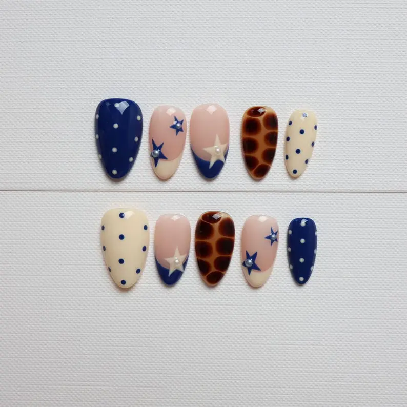 Pearl Starfish Press On Nails | Navy Blue, Tortoise Shell & Polka Dot Almond Nails, Summer Coastal Nail Set