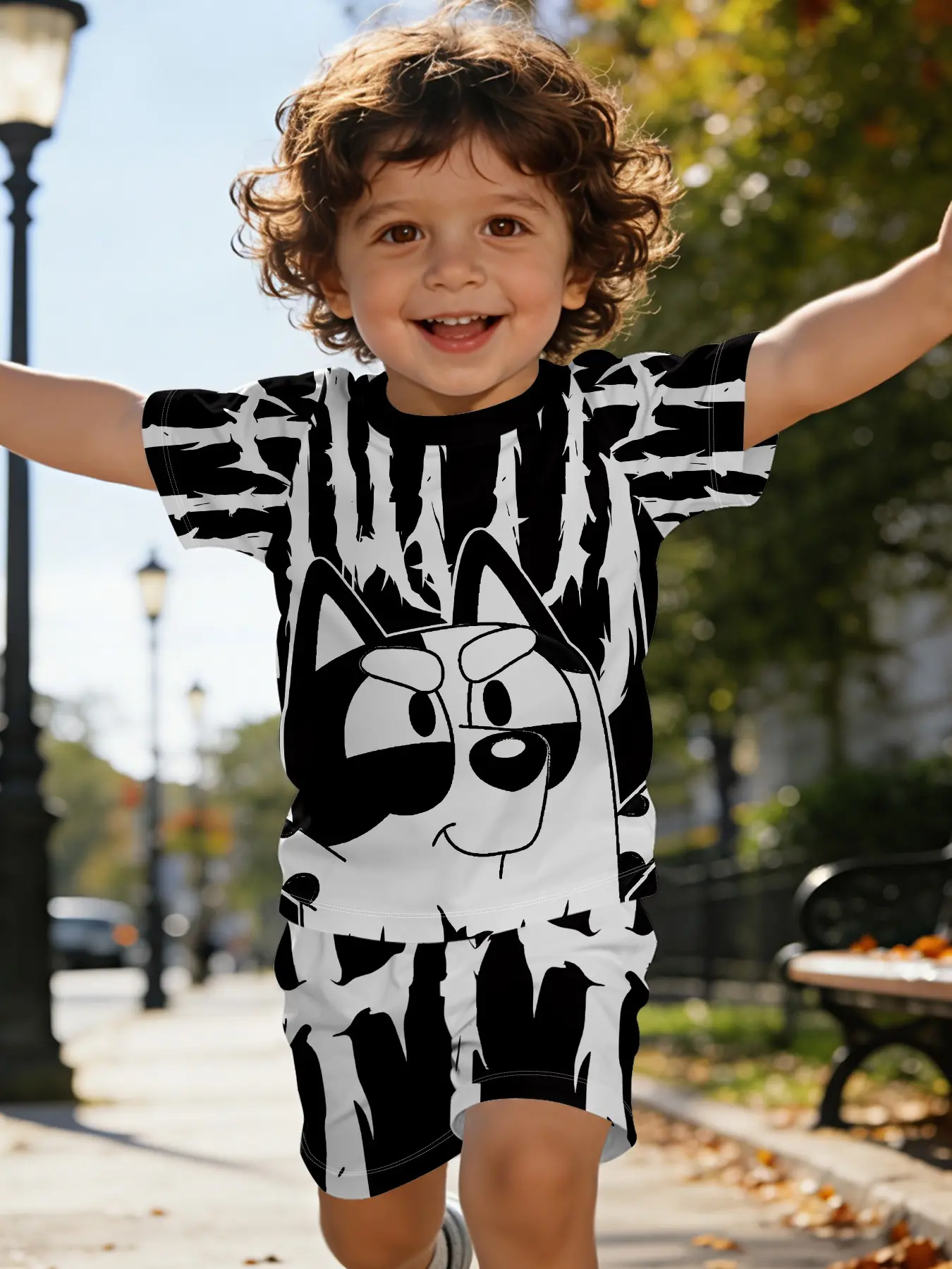 Trendy Cool Bluey Sunglasses Puppy Printed Infant Short Sleeve Set, Baby Casual Kids' Clothing, T-Shirt Suitable for Daily and Outdoor Sports, 100% Polyester, Perfect Gift for Infants!