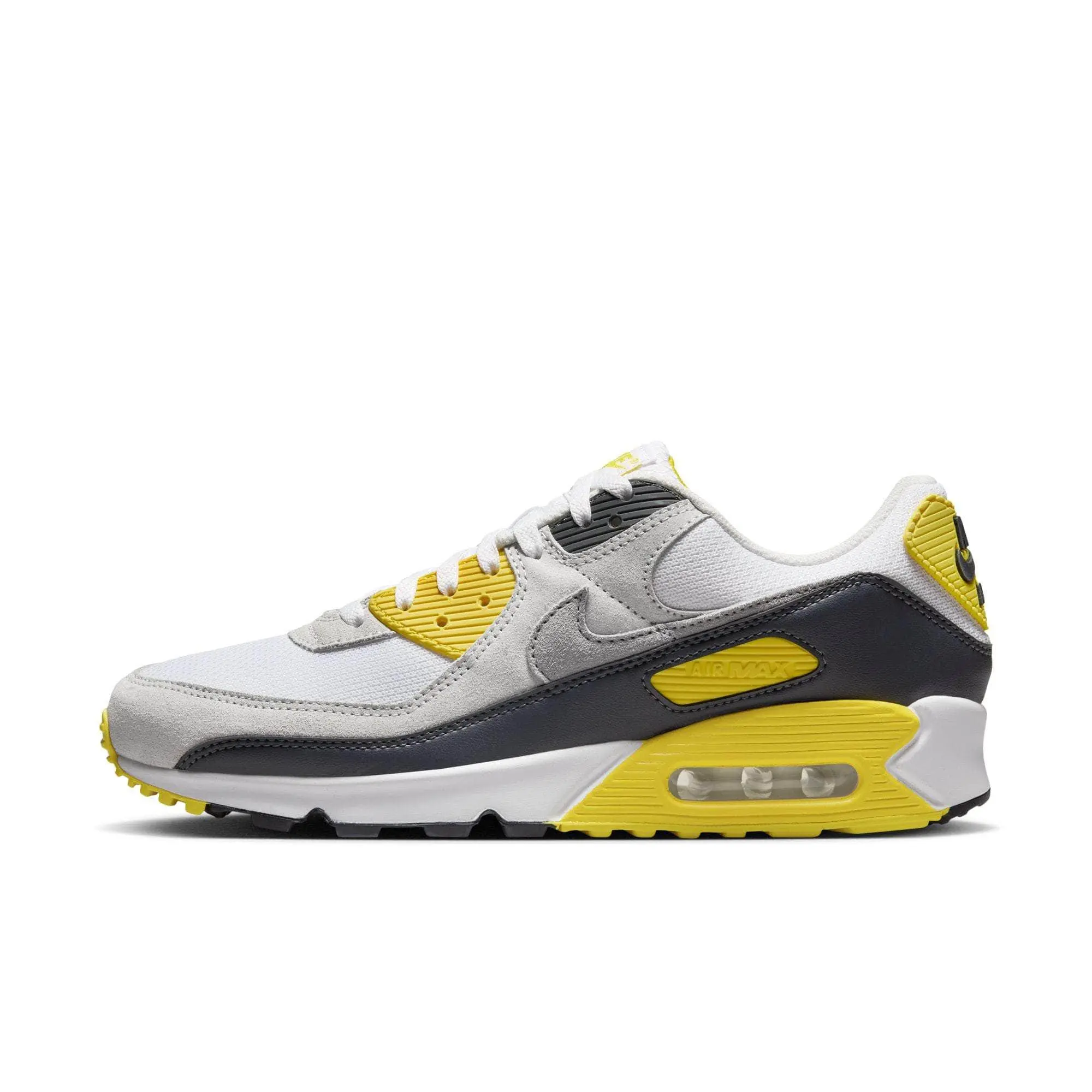 NIKE Men's Air Max 90 "White Lightning" Leather Lace-up Low-Top Fashionable Casual Sneakers with Visible Air Cushioning and Waffle Outsole, All Seasons, Collabs And Celebrations, Rubber