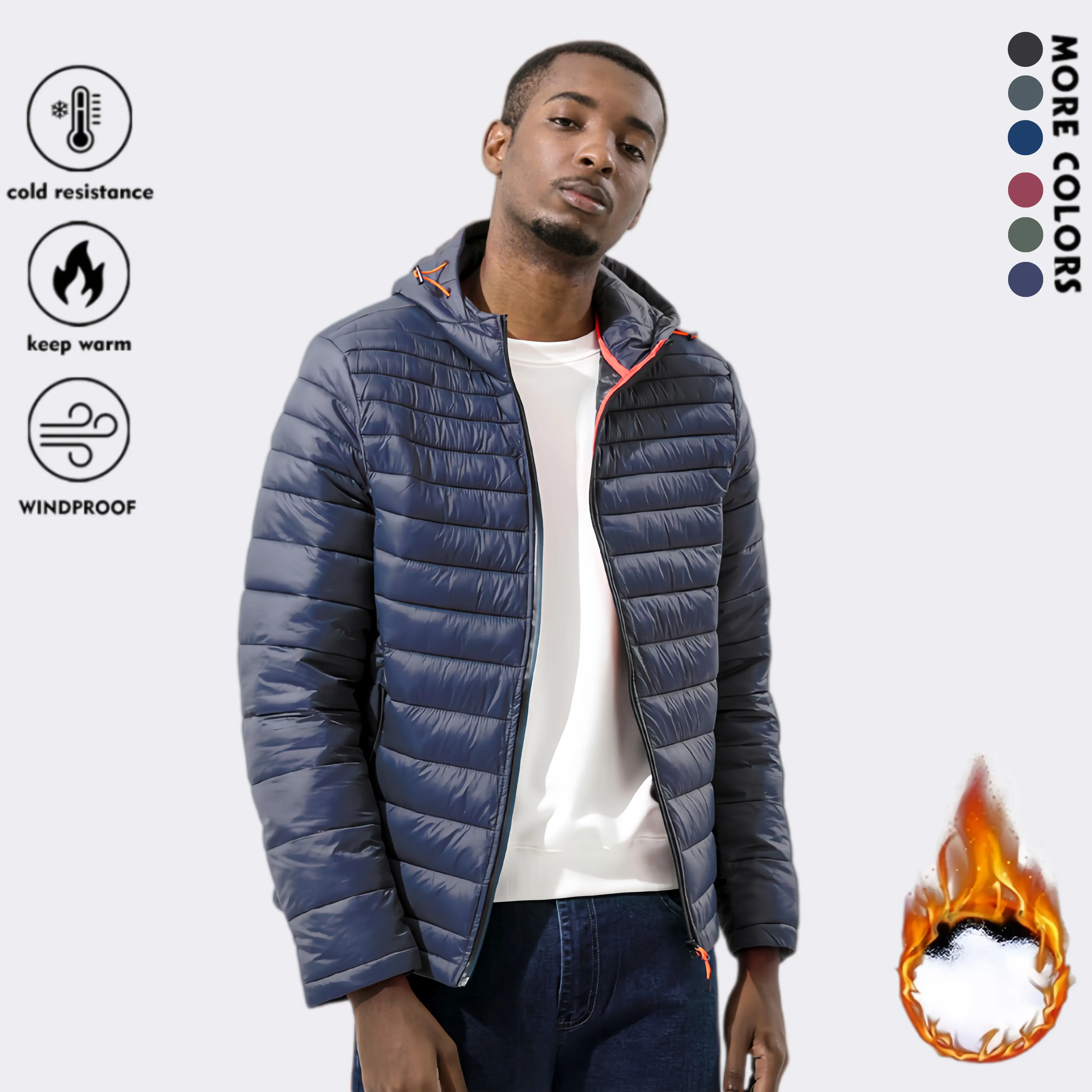 Men's Lightweight Quilted Hooded Padded Jacket, Winter Full Zip Warm Coat with Adjustable Drawstring Hood, Windproof Cold Resistant Non-Stretch Outerwear, Polyester Fill Fashion Mens Tops, Casual Commute Daily Winter Outerwear