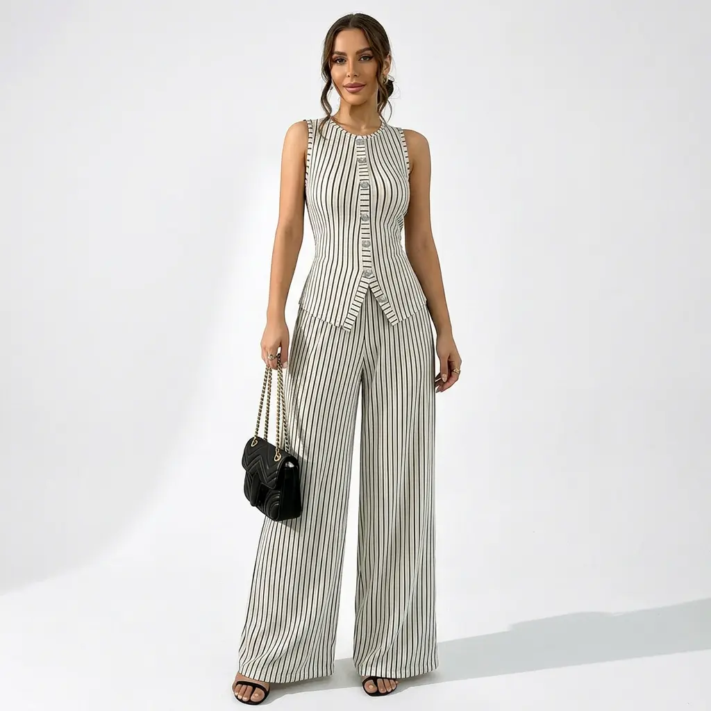 Women's 2-Piece Aesthetic Crew Neck Longline Striped Sleeveless Button-Down Vest & Wide-Leg Pants Matching Set, Breathable Fabric Clothes for All Seasons Womenswear Clothing Set