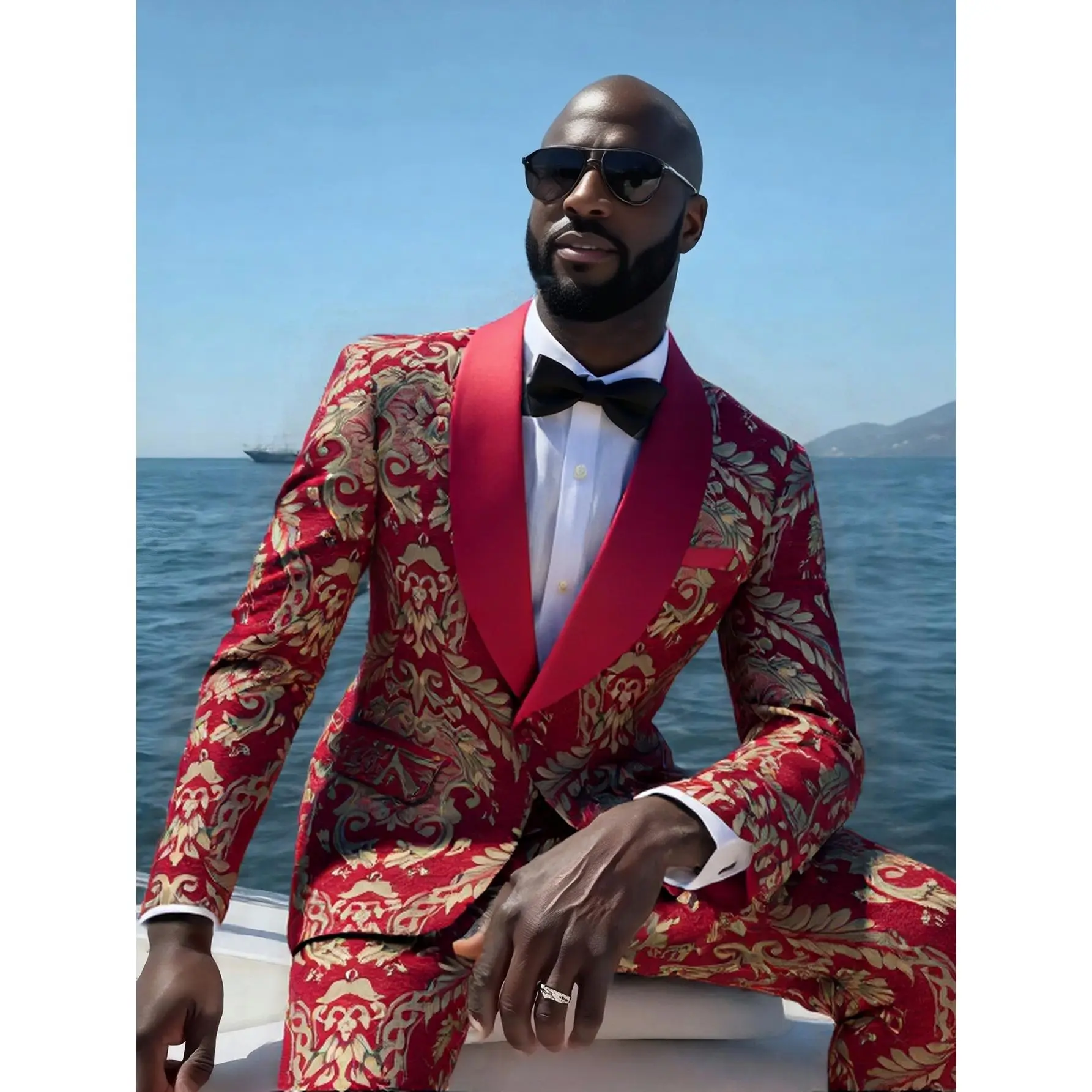 Men's 2-Piece Shawl Lapel Tuxedo Suit - Peris Pattern Jacquard Formal Wear, Long Sleeve Polyester Blazer with Pocket & Trouser for Wedding, Prom, Soft, Stylish, Wrinkle, Fitted, Colorblock, All Seasons