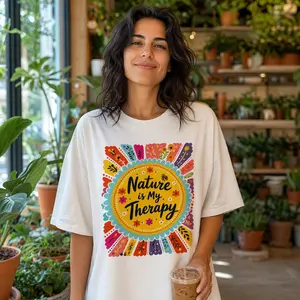 Butter Soft Oversized Tee for Women, Boho 'Nature Is My Therapy' Floral Graphic, Casual Round Neck Shirt