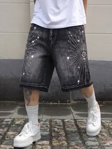 Men's Sparkly Rhinestone Jean Shorts, Distressed Glitter Straight Leg Pants, Y2K Millennial High Street Trendy Pants