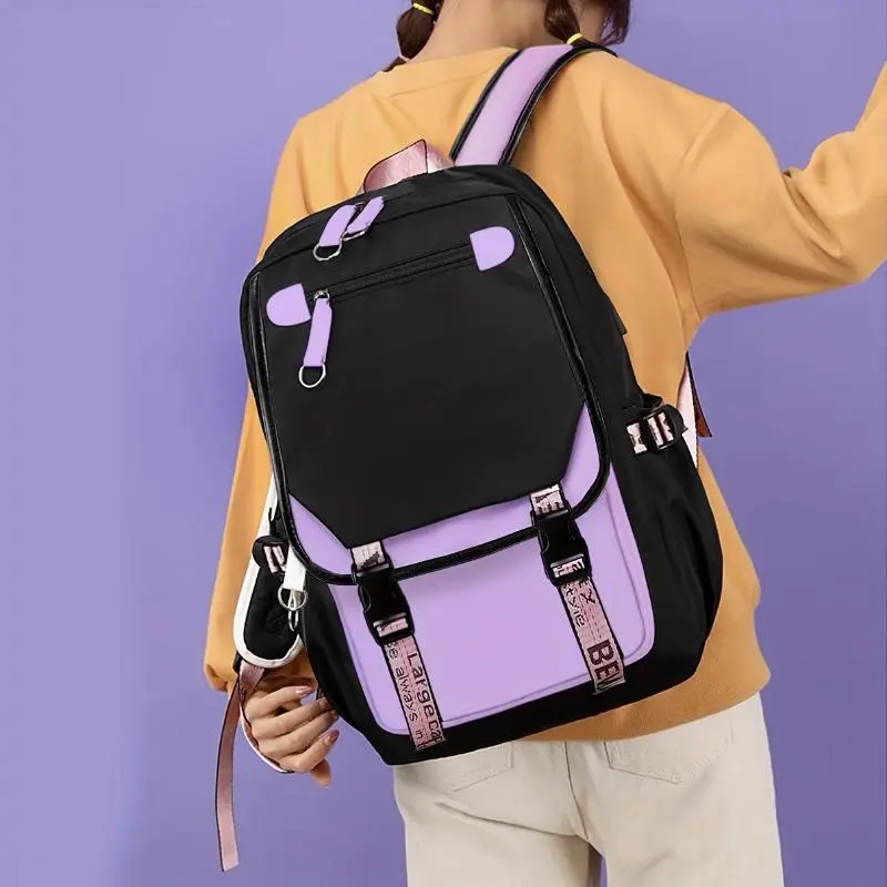 Fashionable Waterproof Ladies Backpack - Large Capacity, Purple And Black Design With Pink Embellishment, Suitable For School, Travel And Work Purposes, Durable Polyester, Casual Everyday Backpack | Cute Charm Accessories | Safety Zipper Cl Fashionable Waterproof Ladies Backpack - Large Capacity, Purple And Black Design With Pink Embellishment, Suitable For School, Travel And Work Purposes, Durable Polyester, Casual Everyday Backpack | Cute Charm Accessories | Safety Zipper Cl