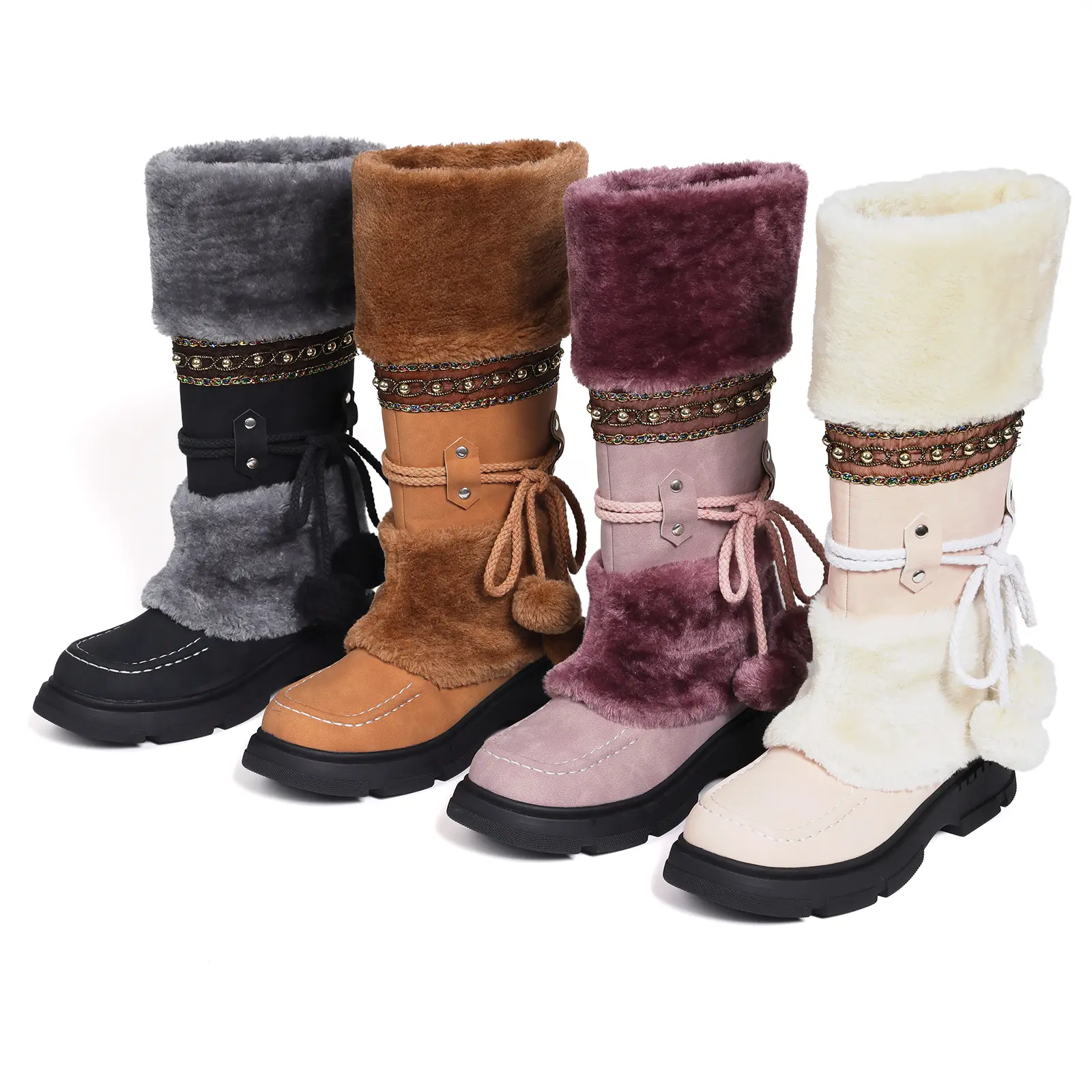 Womens Mid Calf Boots Rounded Toe Chunky Platform Heels Fashionable Furry Plush Fur Snow Winter Boot Pull On Plush Pom Pom Balls Lace Up Comfy Warm Cozy Party Casual Clubbing Outing Winter Chilly Day Booty Deals For You Days