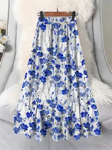Elegant Blue Floral Print Maxi Dress, High-Waisted Long Skirt, Comfortable Casual Style for All Seasons, Perfect Match Any Top