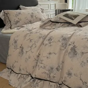 French Vintage Washed Faux Linen Printed Bedding Set 3 Pieces, Includes Duvet Cover and 2 Pillow Cases, Soft Breathable Fabric for All Seasons, Soft Bedding Sets