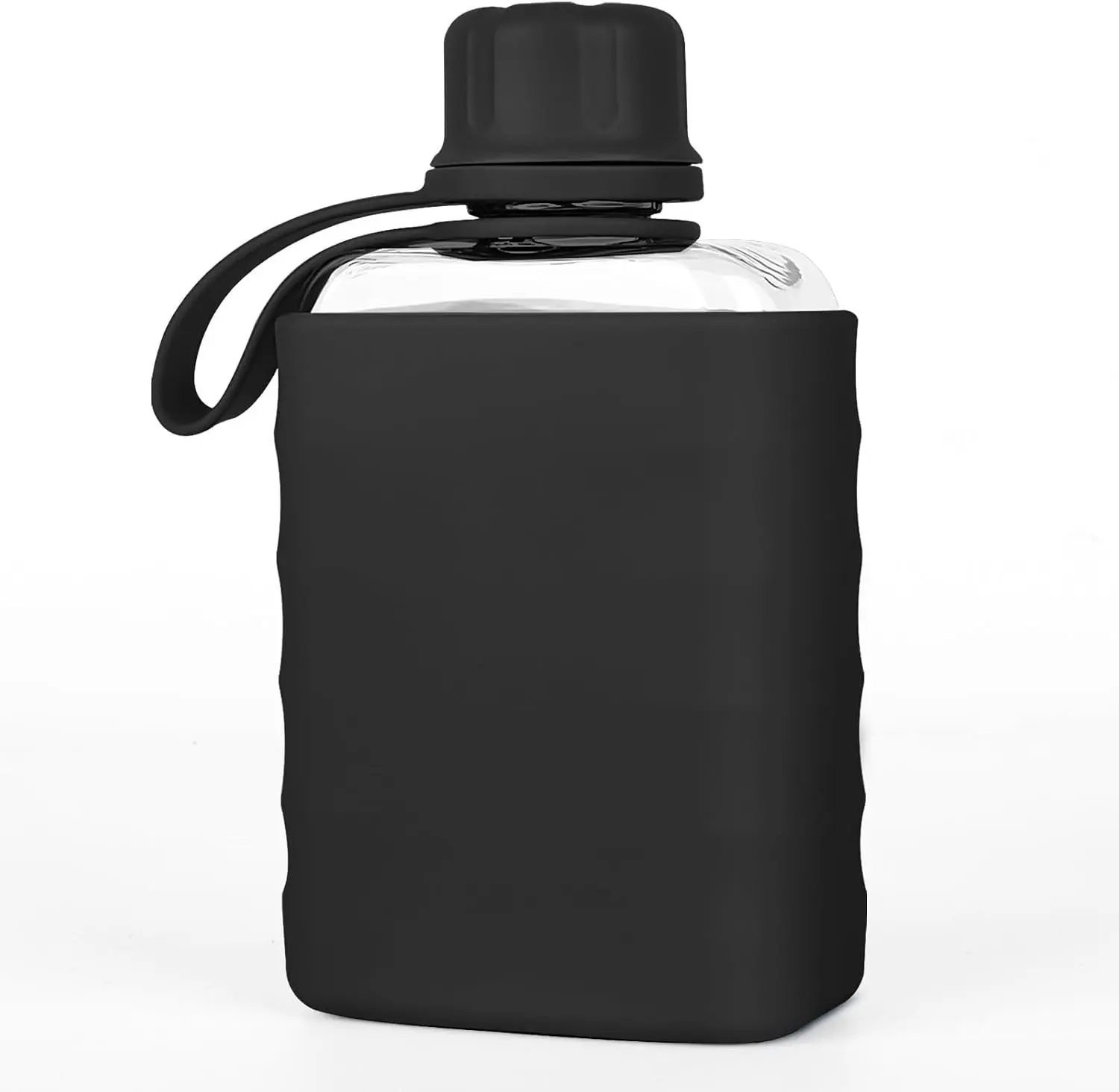 Modern Small Flask with Silicone Sleeve Mini Portable Travel Liquor Flask Clear Tritan Plastic Water Bottles, 8.2oz BPA Free Pocket Drinking Alcohol Flask for Outdoor (Black)