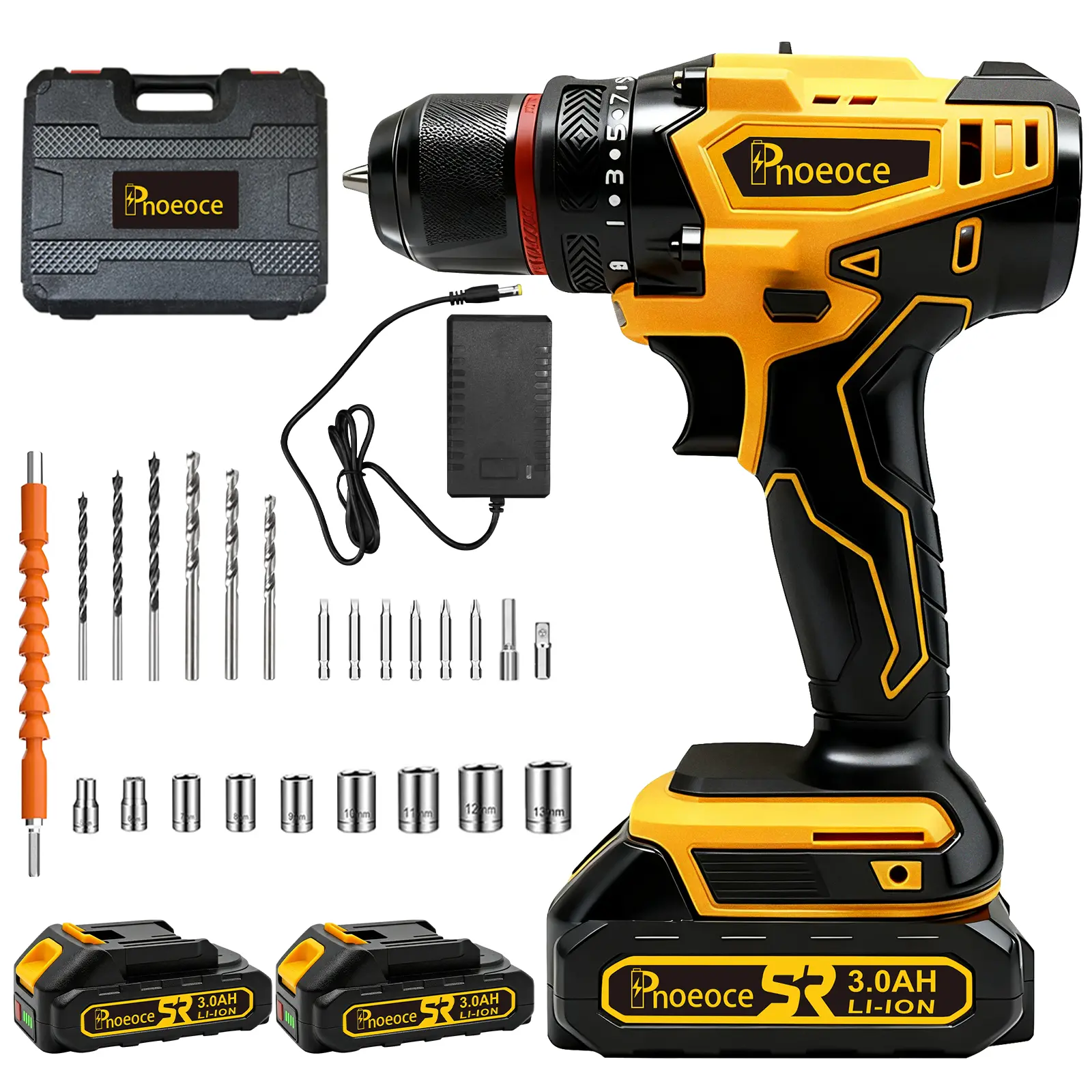 PNOEOCE 20V Cordless Drill Tool Set, includes 2 batteries and 1 charger, combines a drill and a socket set, a home tool set, portable, ideal for beginners, suitable for fence installation, home improvement, furniture assembly, and everyday repairs