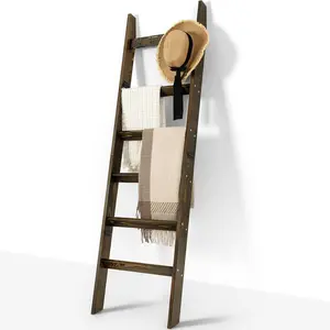 6-Tier Blanket Ladder for Living Room and Bedroom,5.4 Ft Wall Leaning Quilt Rack with Hooks,Rustic Decorative Farmhouse Blanket Storage,Ladder Holder,Christmas Decorations,Rustic Brown
