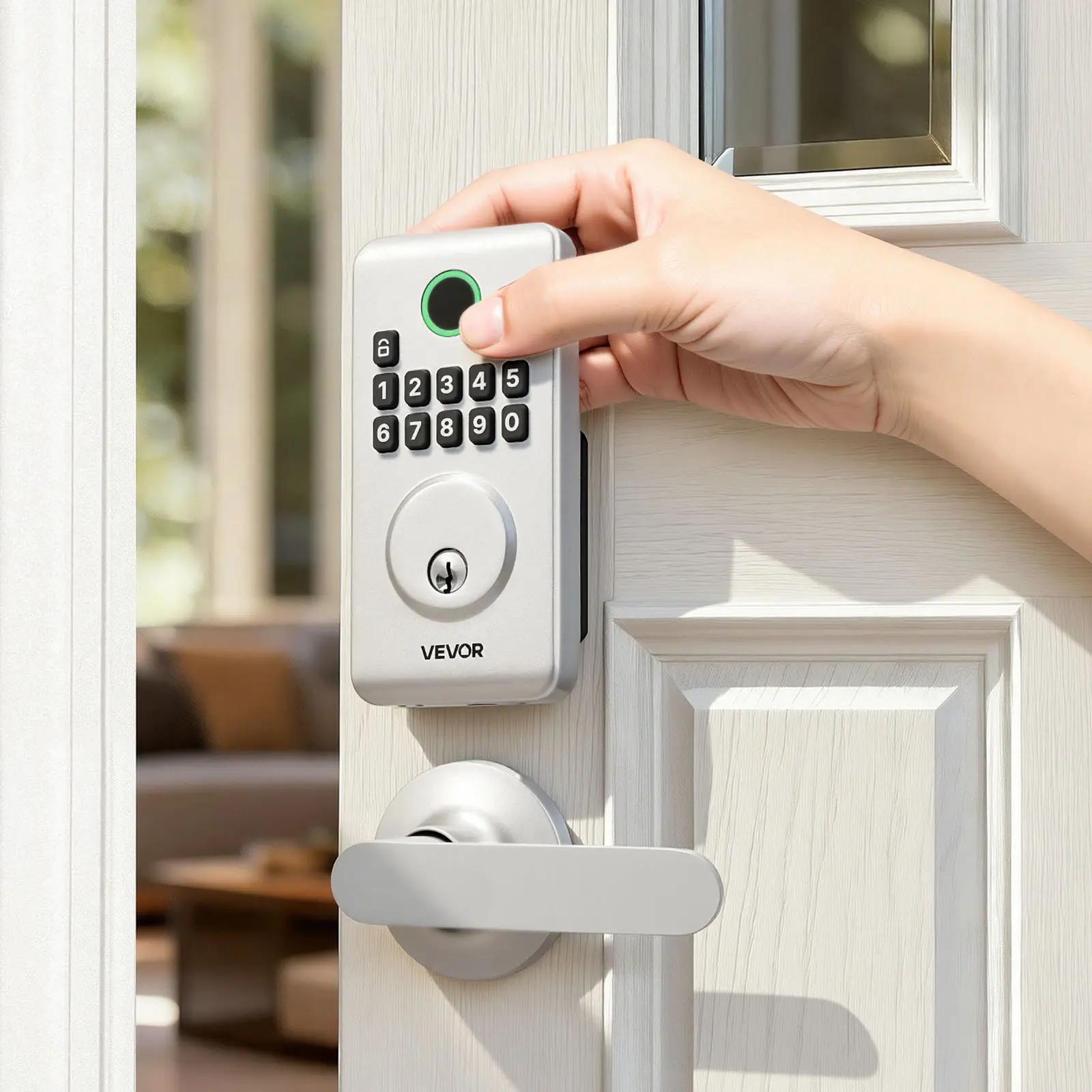 VEVOR Corrosion Resistant Smart Door Lock with Handle Set, Electronic Keypad Deadbolt, Easy-Grip Lever Handles, Customizable User Codes, Keyed Entry, Auto Lock, Anti-Peeking Feature, Silver, Corrosion Resistant Smart Door Locks