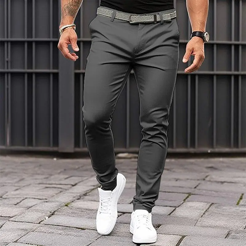 Men's Pure Color Tight Pocket Zipper Business Casual Slim-Fitting Narrow Bottom of a Trouser Leg Trousers Slim Fit Stretch Casual Chinos