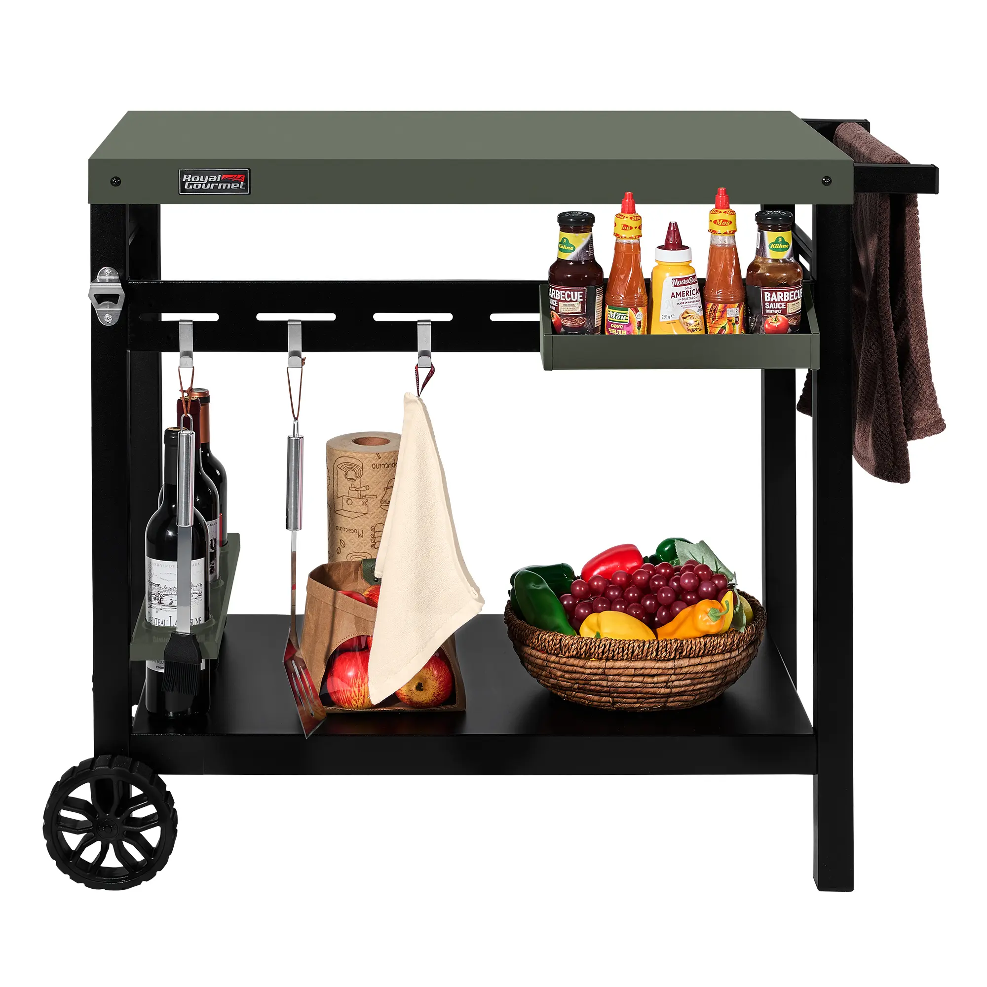Royal Gourmet PC3406G Outdoor Grill Cart Table, Double-Tier BBQ Prep & Serving Cart with Olive Green Top, Storage Shelf, Spice Rack, Bottle Opener & Wheels for Patio Kitchen,Easily Mobility