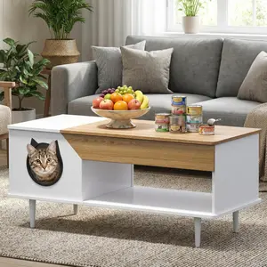 Coffee Table with Cat Hole & Storage Drawer & Open Shelves, Small Center Table for Living Room, Cat Food Table Furniture