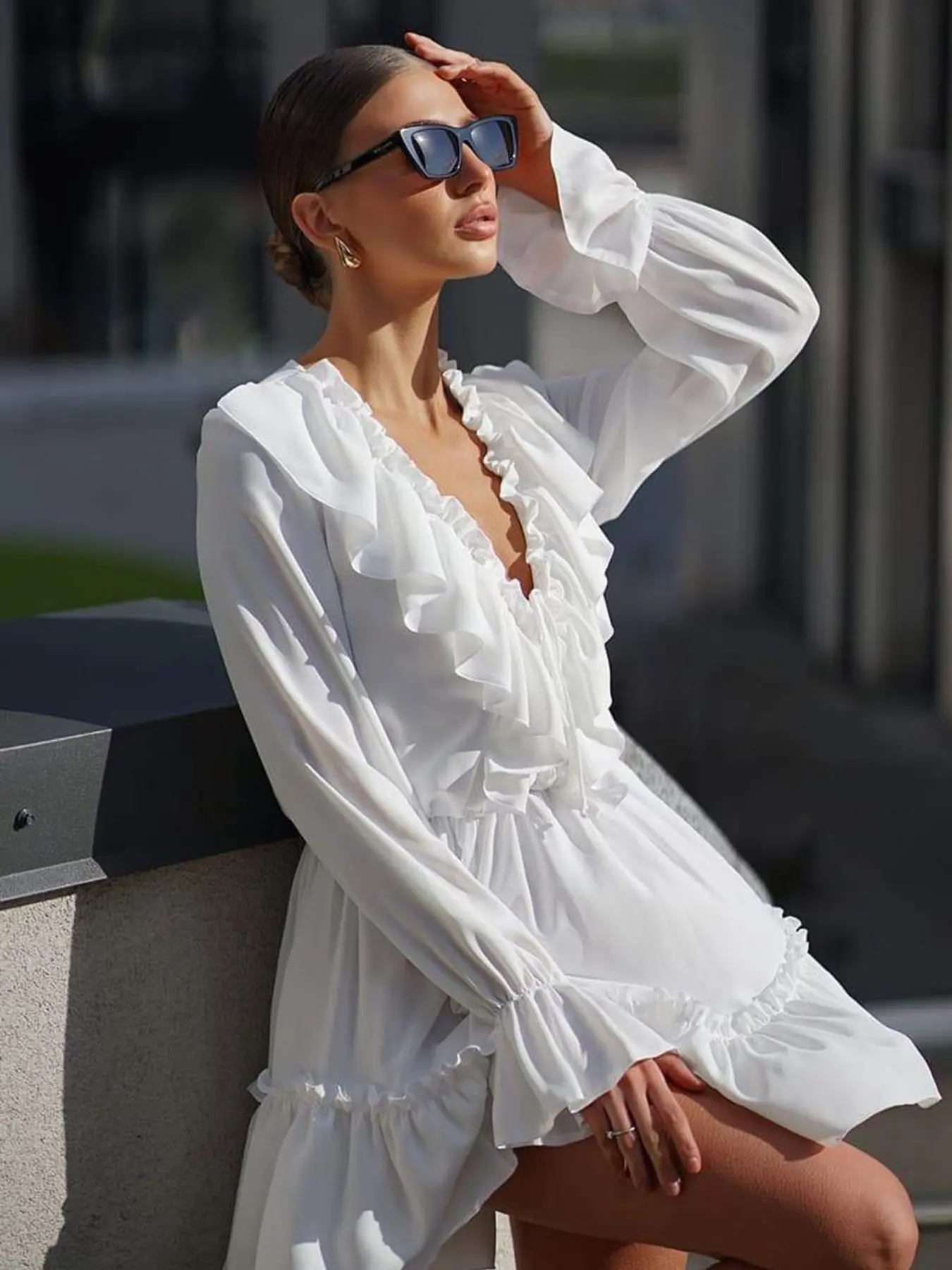 midi sexy dress Asymmetric Draped Sheer Midi Dress