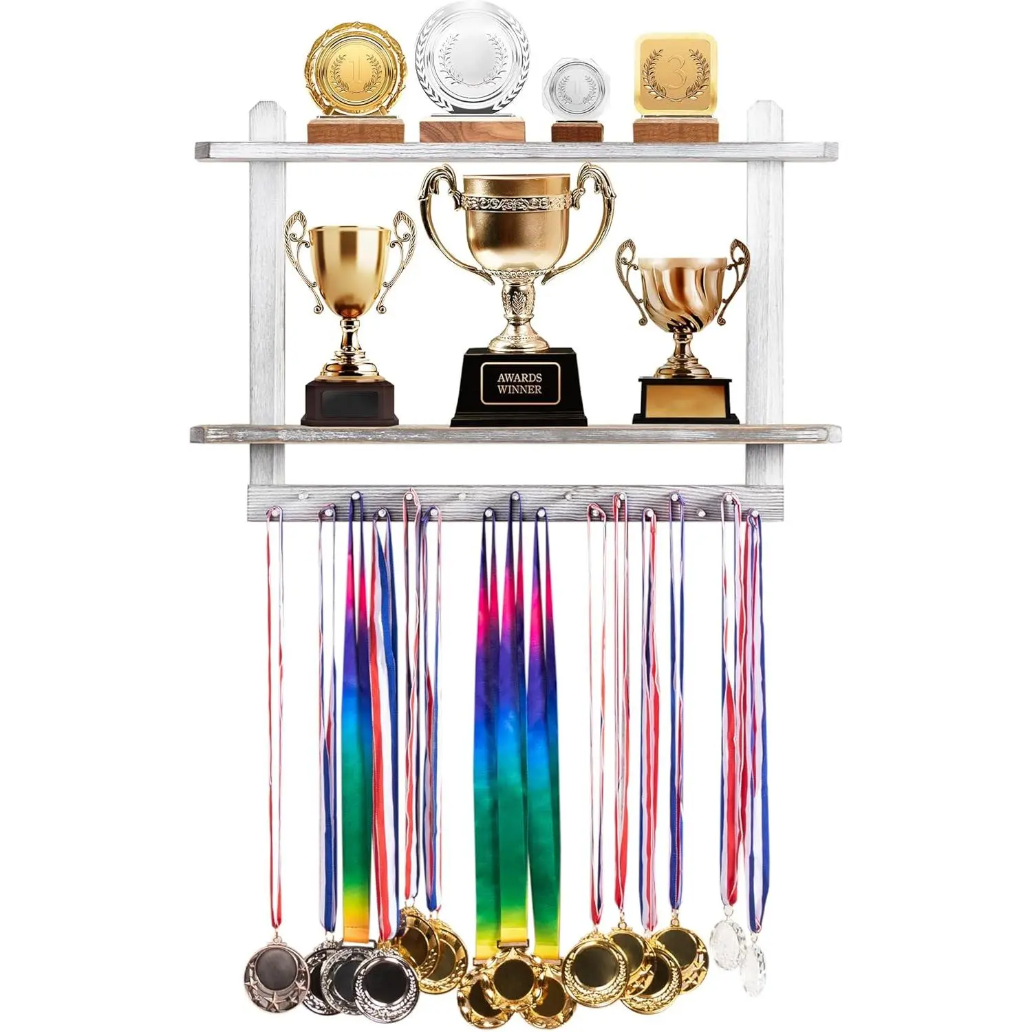 Wooden Medal Hanger & Trophy Shelf, Wall-Mounted Race Display with 2 Tier Storage Shelf and 19 Hanging Bars
