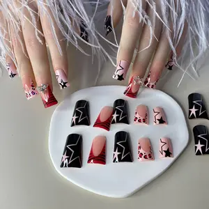 24pcs Press on Nails Duck Shape Glossy Full Cover Medium Acrylic French False Nails with Designs Artificial Duck Fake Nails with Charms Glue ons Nails Stick on Fingernails for Women
