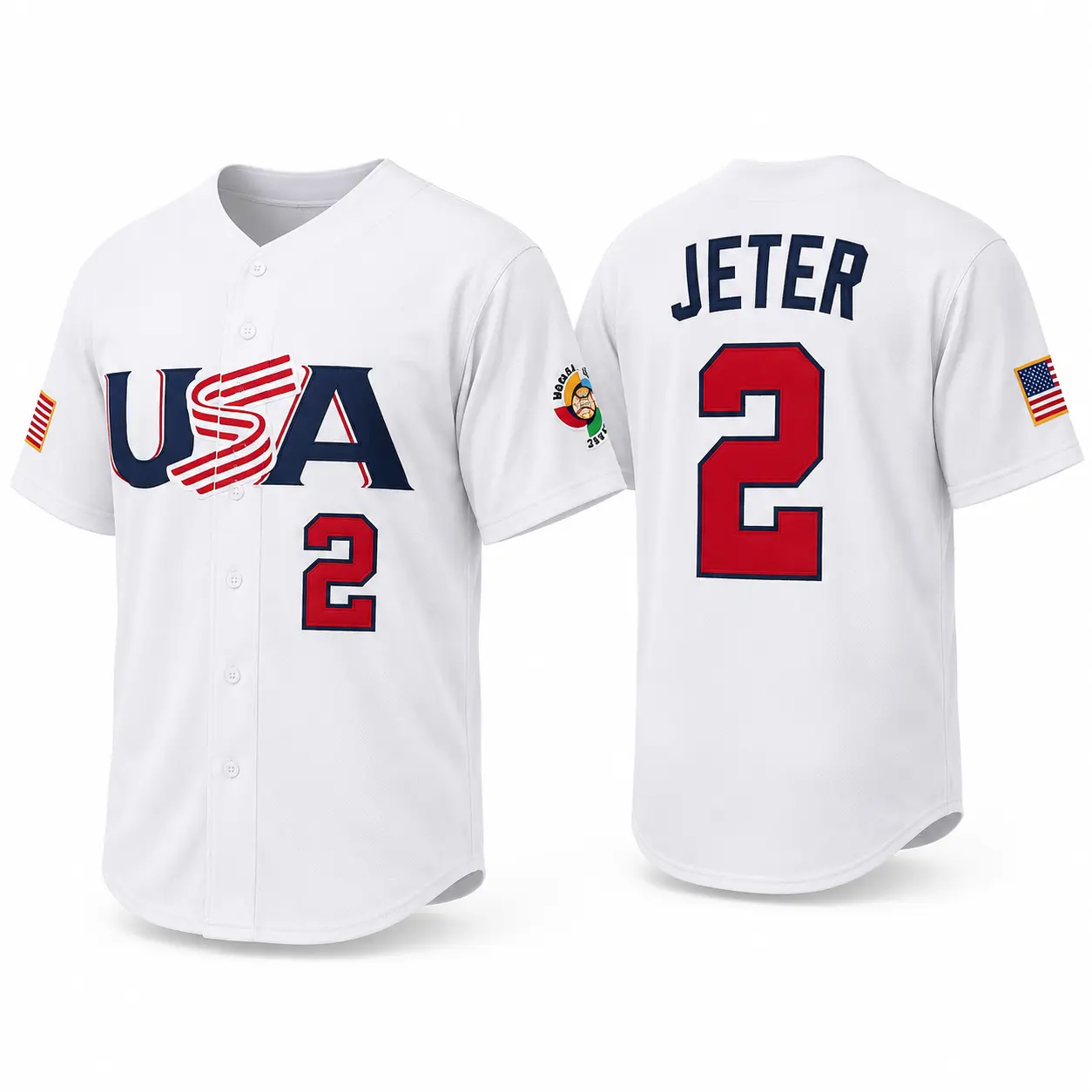 Legendary Captain Number 2 Baseball Jersey, USA White Navy Red Button Up Shirt, Iconic Shortstop Inspired Unisex Sports Jersey