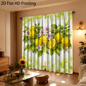 2D Flat, 2D Flat 2pcs Curtains Combined with Fresh Lemon and Floral Design Unique Patterns Home Decoration Artistic Prints Top Rod Pocket Hanging Method Multiple Size Options Available, 2D Flat