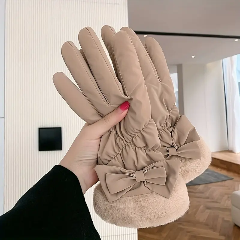 Women's Winter Gloves—Warm Gloves with Bow Accents—Featuring soft suede cuffs and a thick fleece lining for warmth and comfort, perfect for cycling and outdoor activities. Stylish and versatile, they make the perfect gift.