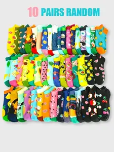 10 Pairs Girls' Socks, Floral Pattern, Colorful Fruit Design, Strawberry Low Top Crew Socks, Summer Thin, Breathable Soft Socks, Comfortable Soft, Casual Daily Wear
