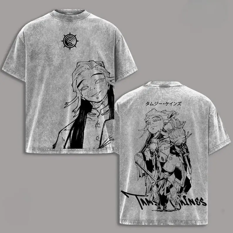 Men's Oversized Washed Cotton Tamsy Caines Gachiakuta Anime Print Short-Sleeve T-Shirt - Distressed Look, Figure-Flattering Fit, Multi-Size, Menswear Activewear Athletic Sports Clothes, Festive Casual Top