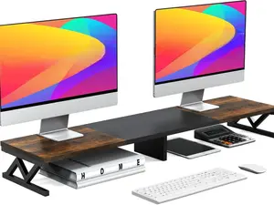Wooden Dual Monitor Stand Riser with Steel Legs and Storage for Desk Home Office Use