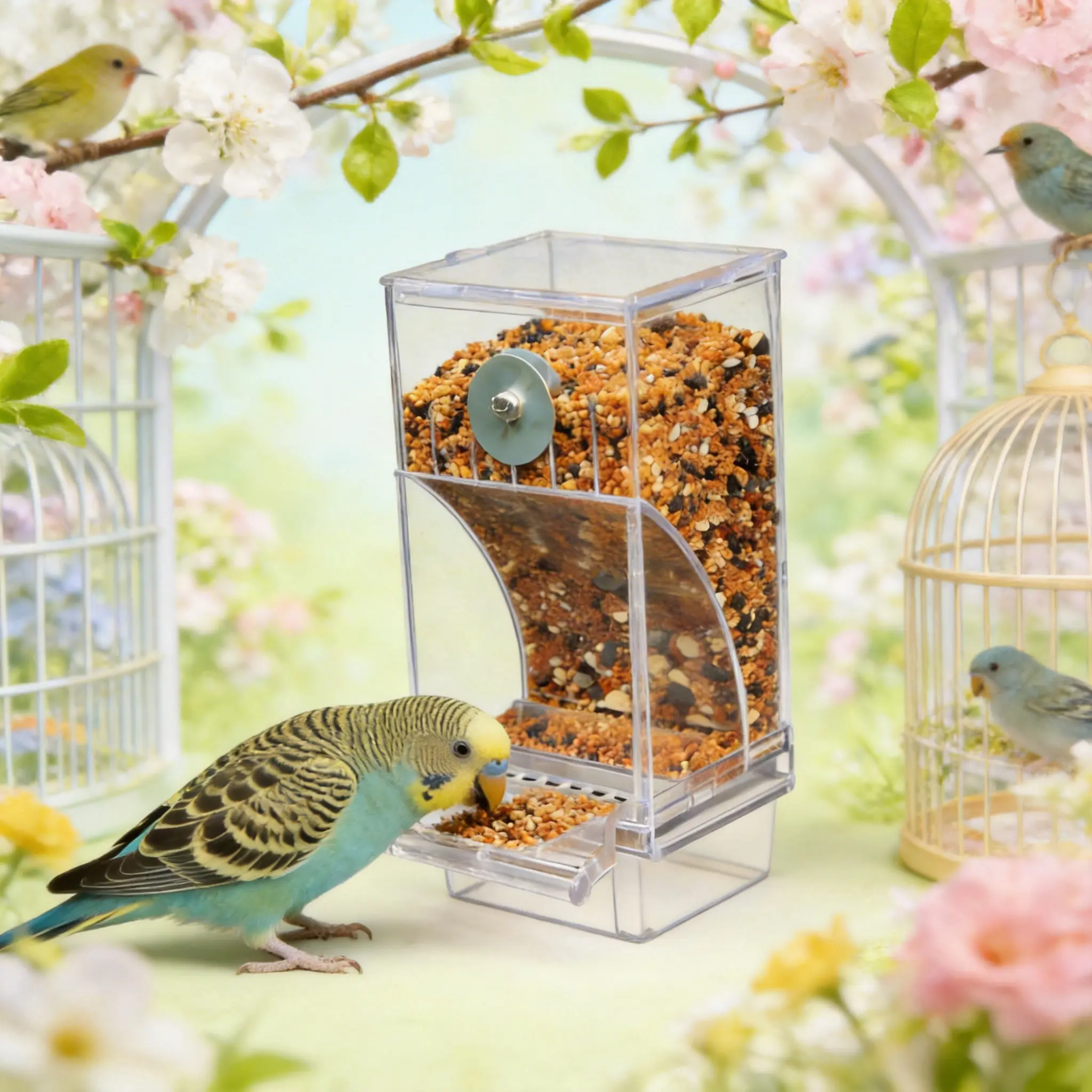 Automatic Bird Feeder Dry Food Auto Dispenser with Secure Lock Clip, Suitable for Small-Medium Parrots (Budgies, Lovebirds, Cockatiels), Fun Toy for Lazy Pet Owners, Feeders