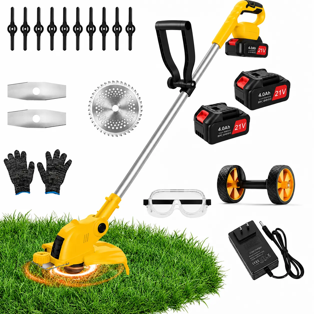 21V 4-in-1 Cordless Weed Wacker - 1880W Battery-Powered Grass Trimmer, 18000RPM Brush Cutter with Wheels, Telescopic Design, 3 Blade Types for Lawn, Garden Maintenance