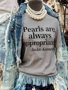 Women's Pearl Print Round Neck Tee, Vintage Trendy Casual Short Sleeve T-shirt for Daily Wear, Ladies All Seasons Outfit, Top, Womenswear