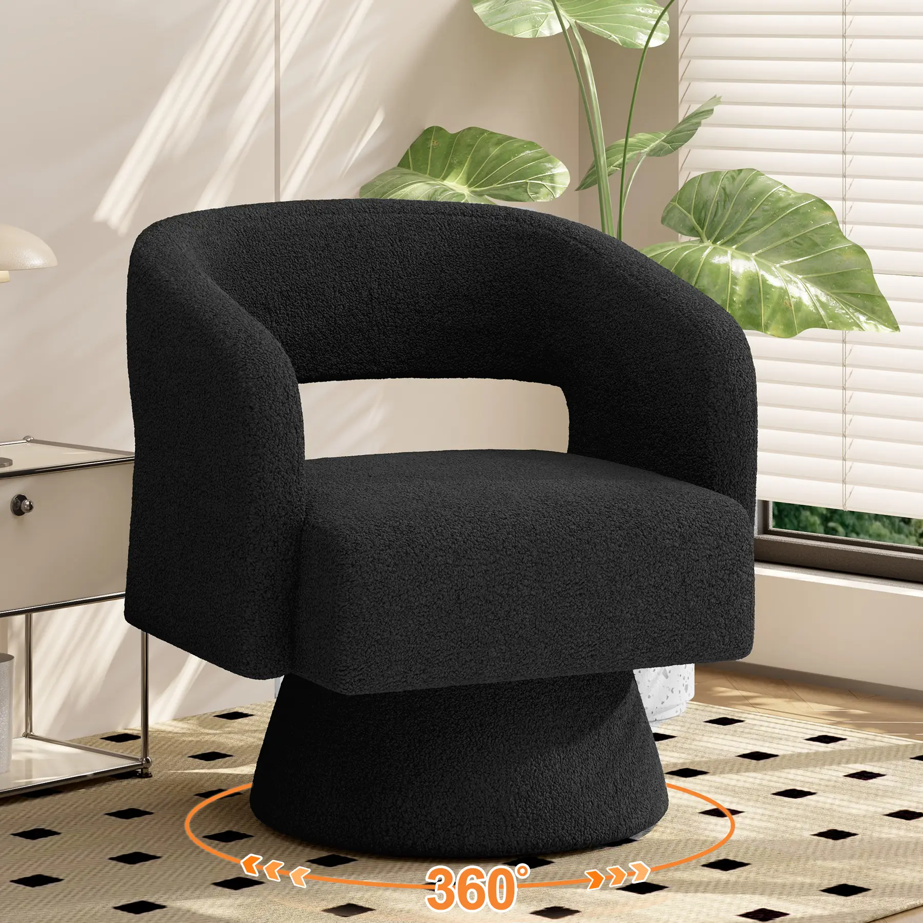 Swivel Barrel Accent Chair,Oversized Teddy Upholstered Round Swivel Chair,Modern Luxury 360 Degree Living Room Vanity Chair for Bedroom Office,Black