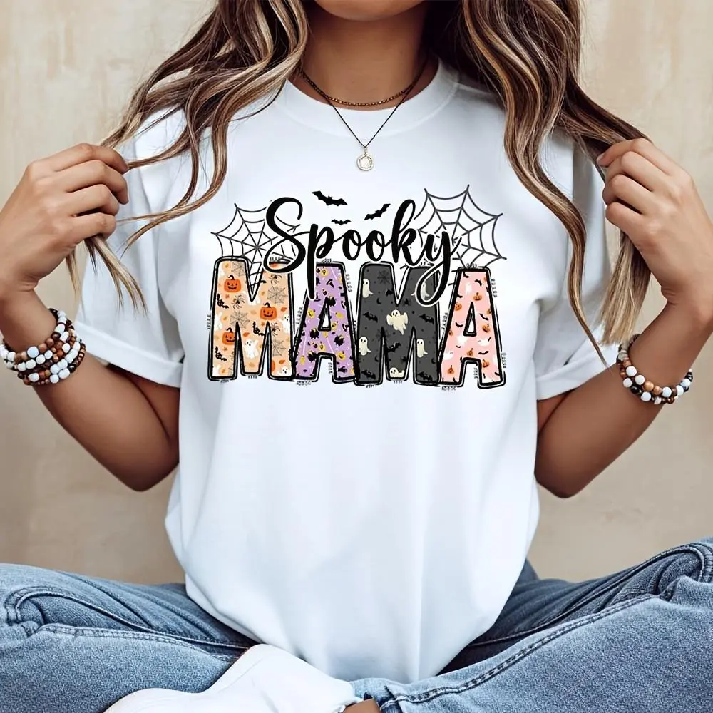 Spooky Mama Halloween Graphic Print T-Shirt, Funny Pumpkin Ghost Bat Spiderweb Design Top For Women, Casual Autumn Holiday Party Wear