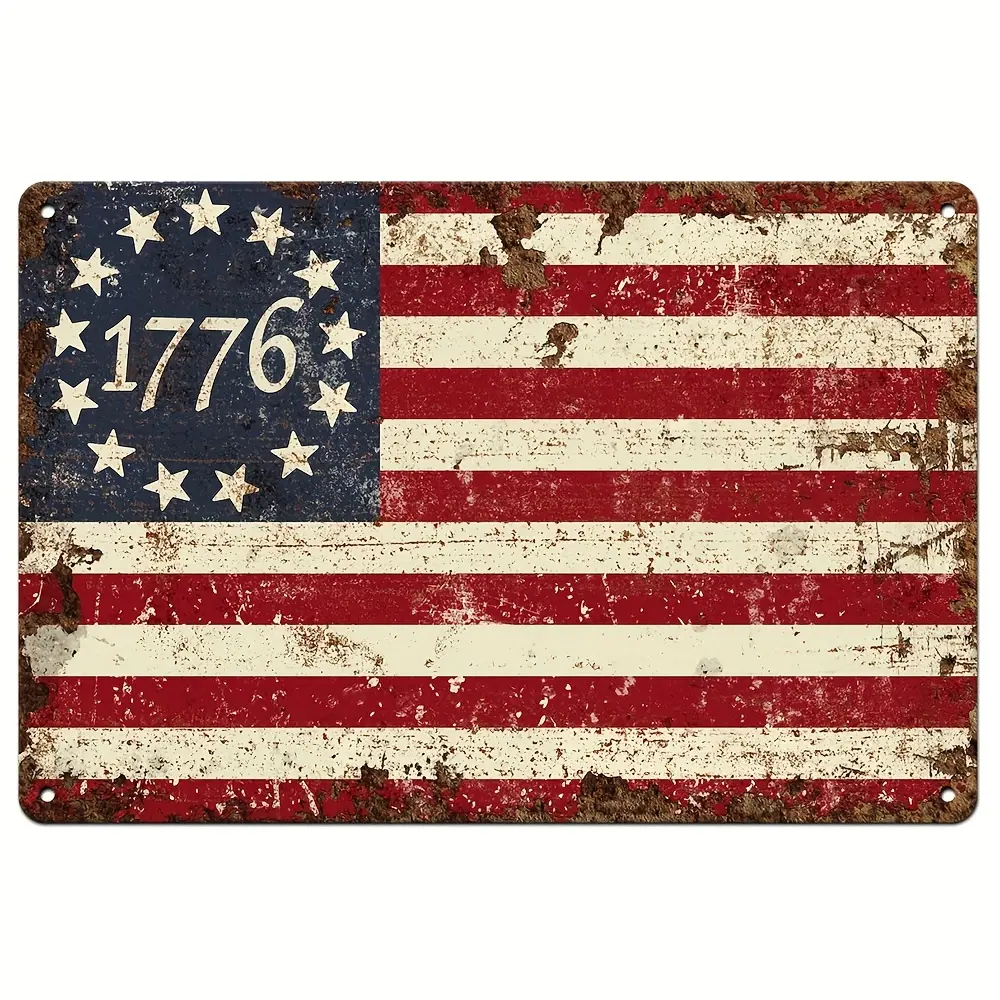 Rustic Design Rectangle Aluminium 13-Star American Flag Metal Yard Sign - 1-Count Wall Hanging Plaque, 1776 Independence Day Decorations for Home, Farmhouse Garden