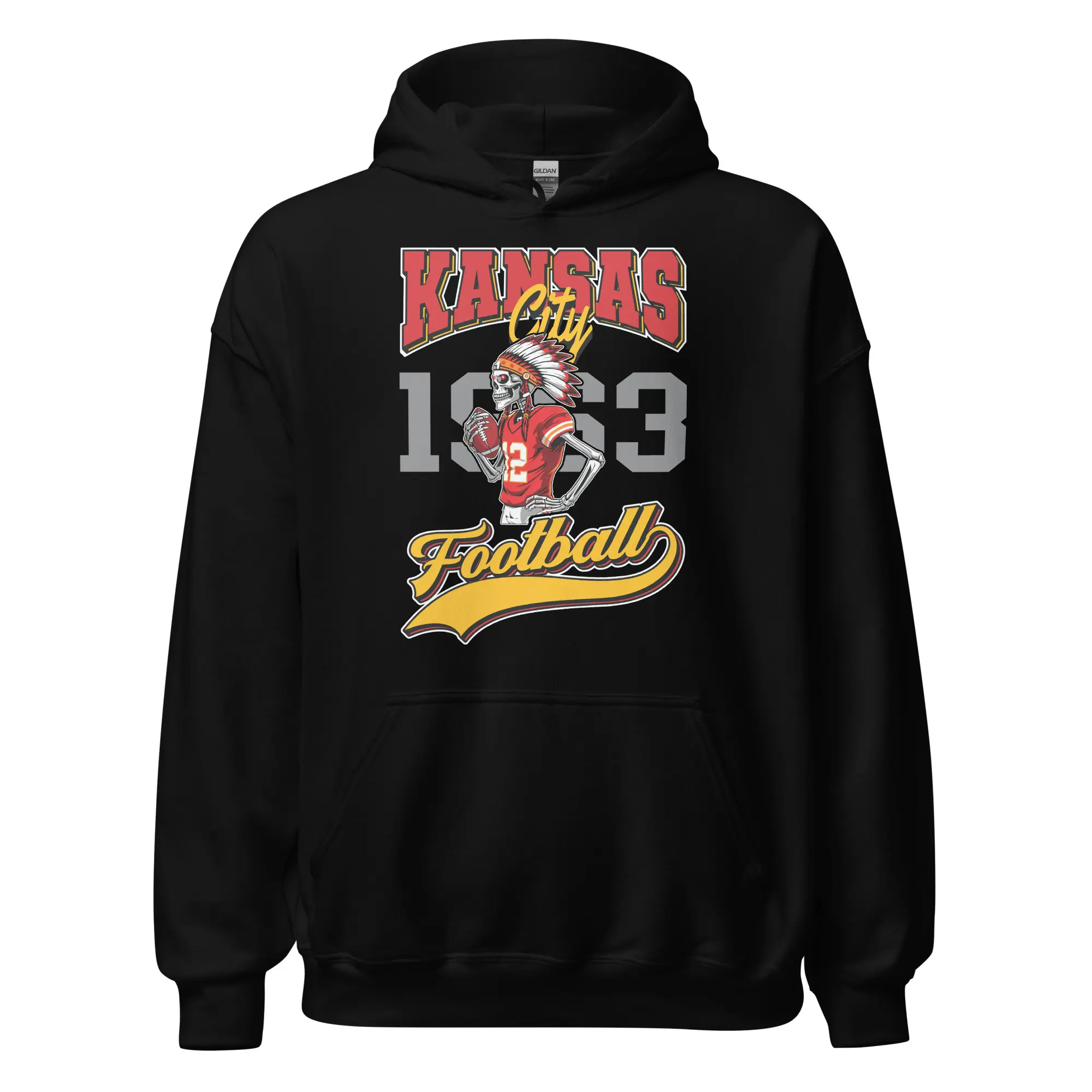 Vintage Kansas City Skeleton Football Hoodie Retro KC Fan Gift 50% Cotton 50% Polyester Soft Air-jet Spun Yarn Double-lined Hood Matching Drawcord Perfect KC Game Day Sweater